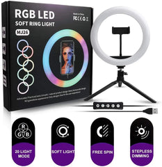 MJ26 RGB LED Ring Light 26cm with Tripod, Phone Holder & 360° Color Modes